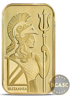 Britannia 1 ounce gold bar out of package front