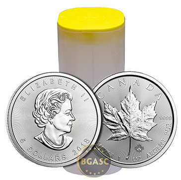 Canadian Mint roll of 25 silver maple leaf coins