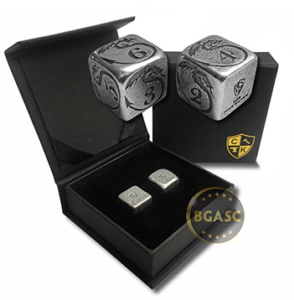 Silver dice with dragon design