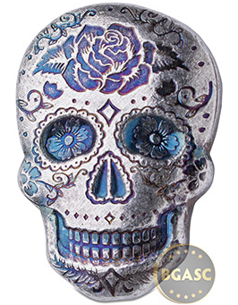 Spooky 2 oz Silver Day of the Dead Sugar Skull Monarch Poured .999 Fine 3D Art Bar - Rose