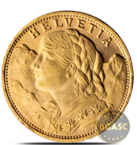 Swiss Gold 20 Franc Helvetia Coin AGW .1867 oz - Almost Uncirculated (Random Year)