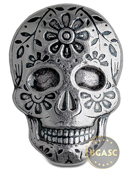 spookey 2 oz Silver Day of the Dead Sugar Skull Monarch Poured .999 Fine 3D Art Bar - Marigold